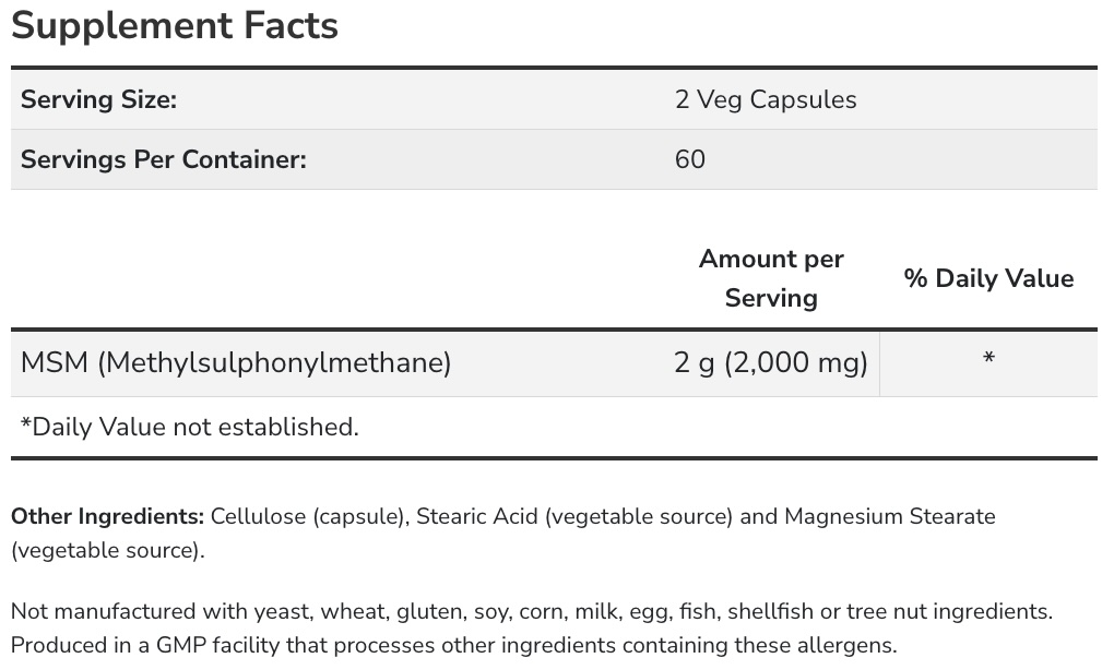 NOW MSM Ingredients